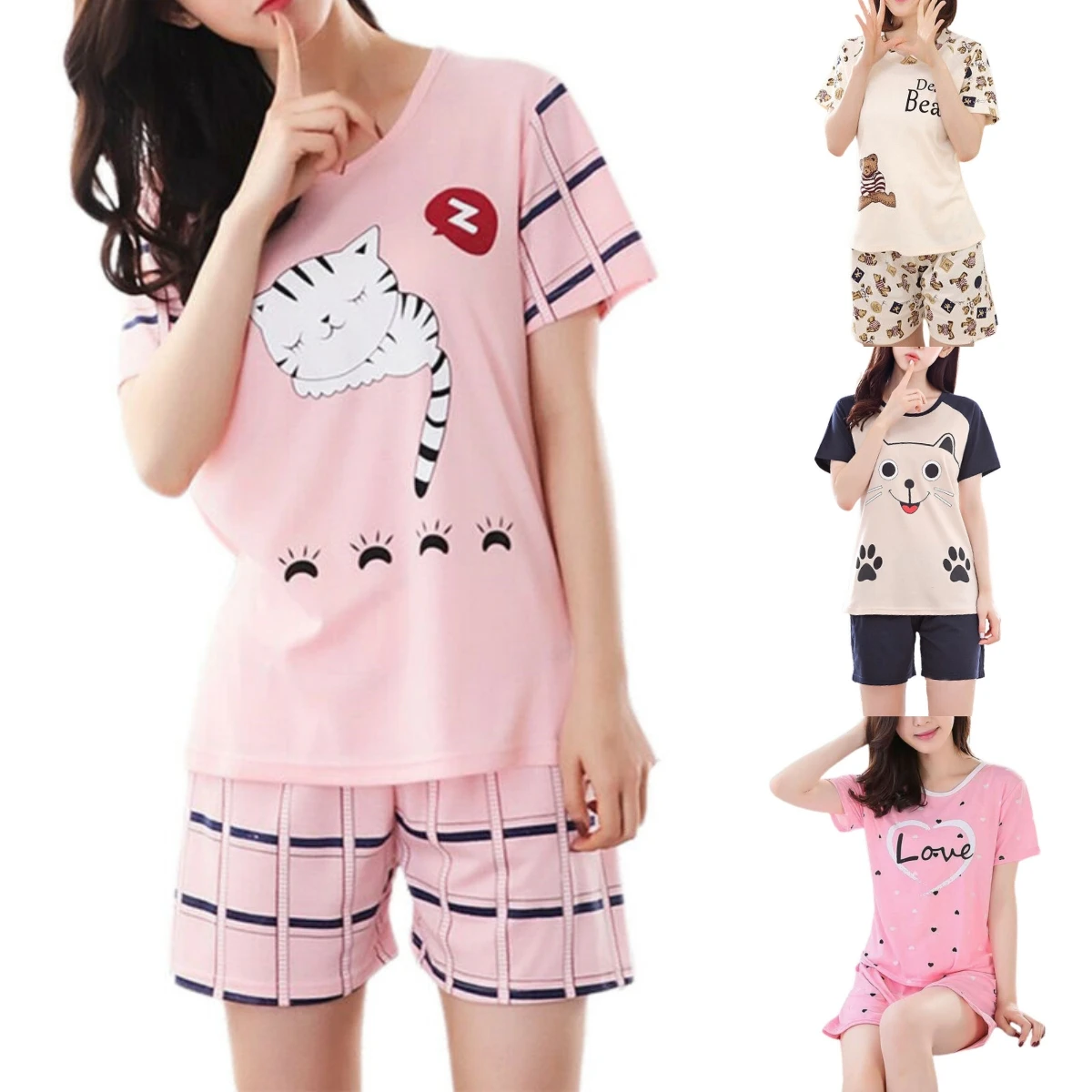 

Womens Shorts Pyjamas Set Summer Ladies Lounge Wear Suit Cartoon pj's Cotton Nightwear Sleepwear Top & Shorts 2 Pieces Suit 2024