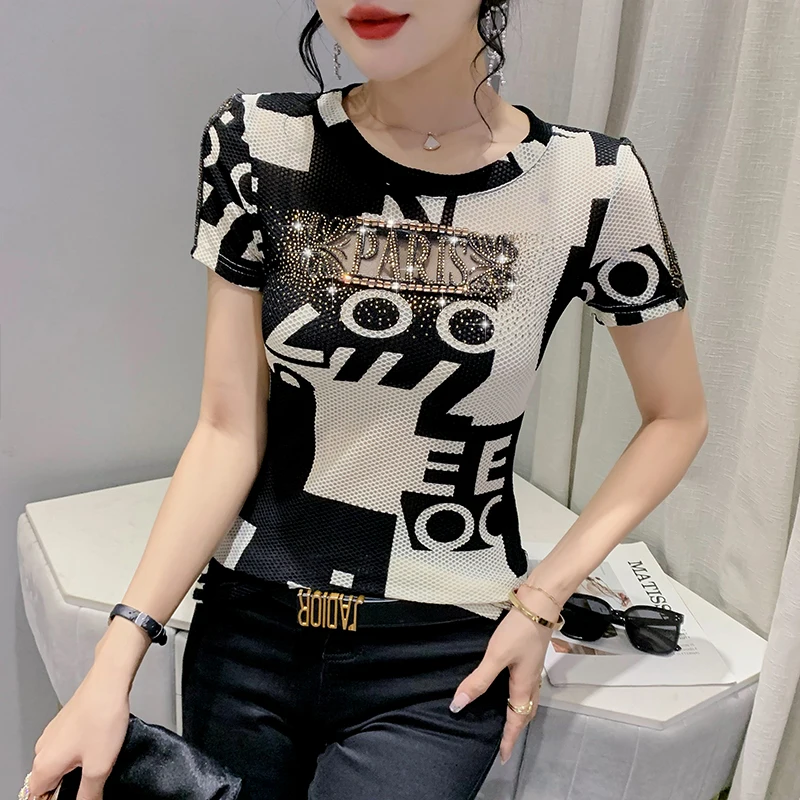 

Женская футболка составного кроя, черная футболка с коротким рукавом и блестящими бриллиантами, в Корейском стиле, модель 2024 на лето, 431515