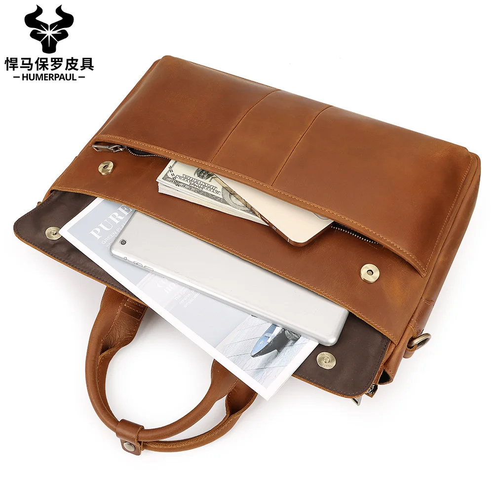 

Hummer Paul Leather Handbag Men's Crazy Horse Commuter Computer Business Shoulder Bag Top Layer Cowhide Briefcase