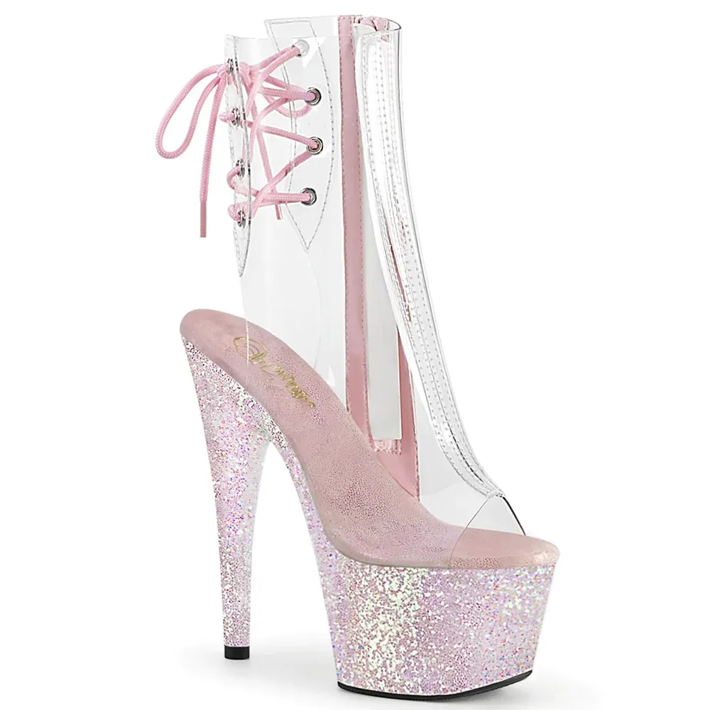 

17cm sexy pole dancing heels with sequin embellished soles and zipper opening sheer upper ankle dance shoes