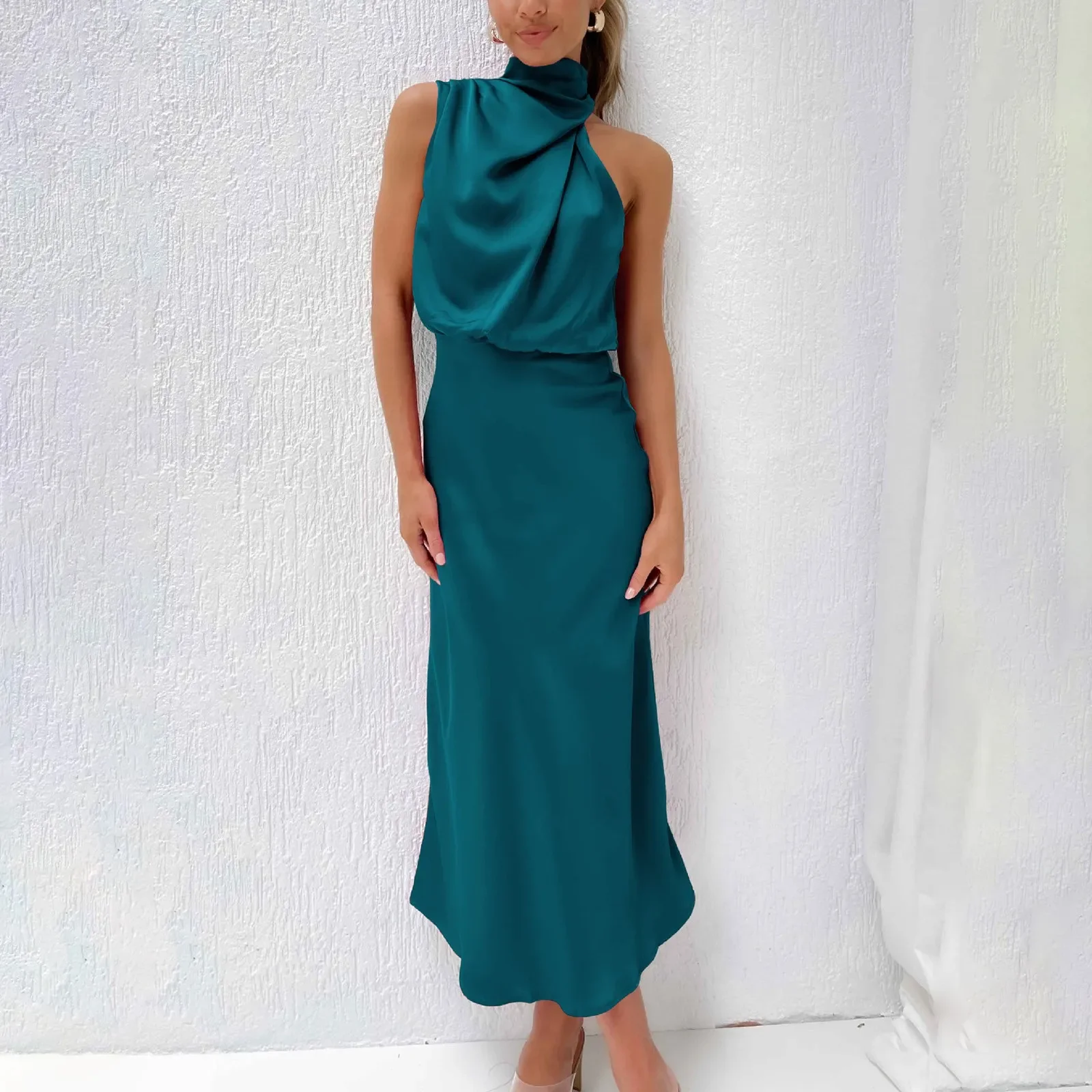 

Women Halter Satin Silk Dresses Summer Sexy Champagne Green Evening Party Elegant Maxi Dresses For Women Formal Occasion Dresses