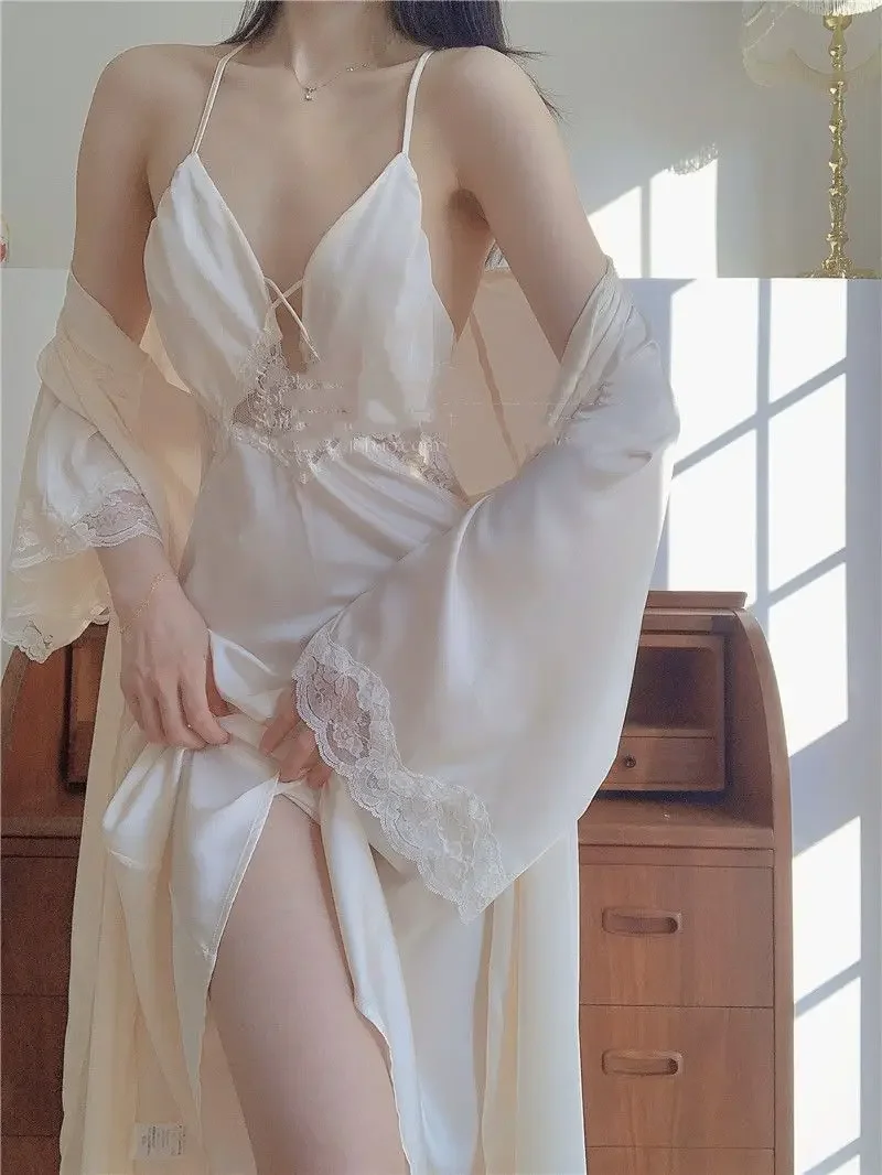 

Шелковые халаты для женщин, милая винтажная приятная на ощупь ночная рубашка, Сексуальная кружевная ночная сорочка с V-образным вырезом, одежда для сна, французская Домашняя одежда, банный Халат
