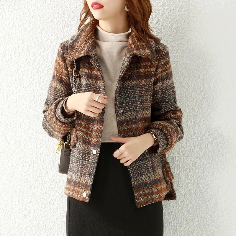 

QNPQYX новое шерстяное пальто для женщин Весна Осень в клетку темпераментные корейские шерстяные куртки с отложным воротником модная верхняя одежда для женщин
