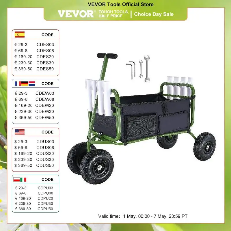 

VEVOR 300lbs Beach Fishing Cart Fish Marine Foldable Cart with Four 11" Wheels 8 Rod Holders Pier Wagon Trolley for Sand Picnic