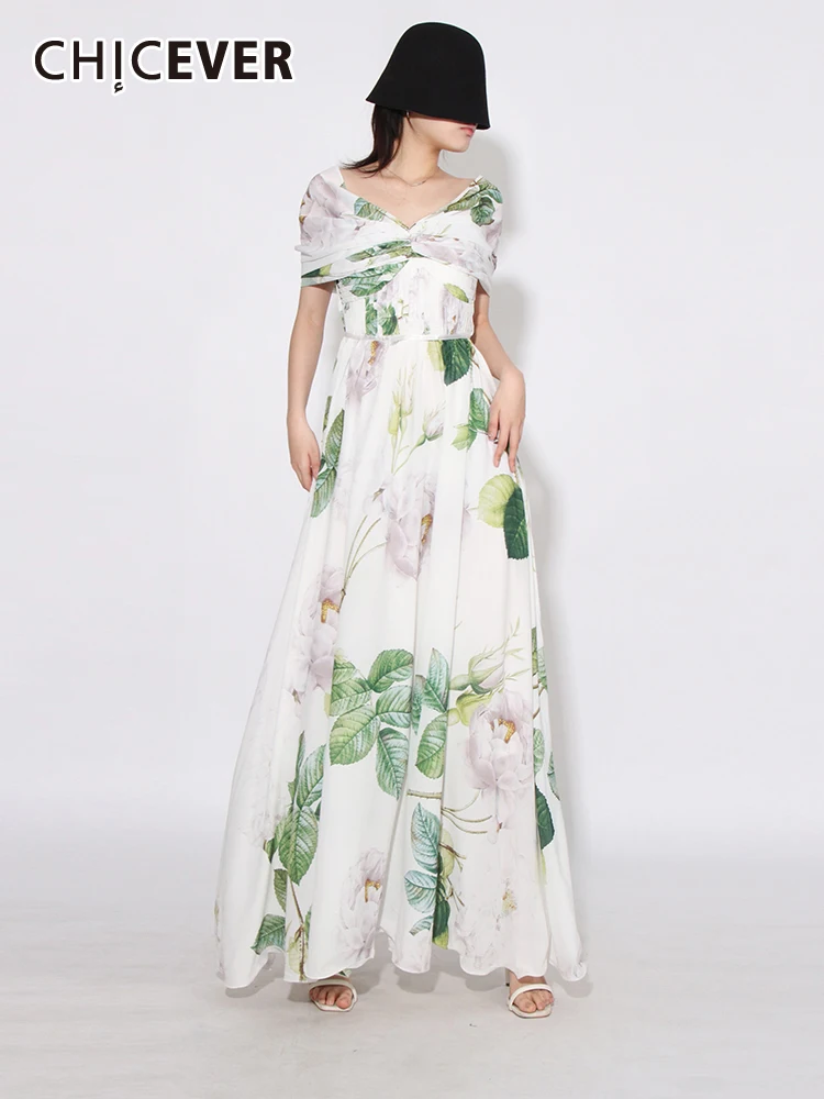 

CHICEVER Print Casual Dresses For Women Strapless Short Sleeve High Waist Tunic Hit Color Folds Summer Maxi Dress Female 2024