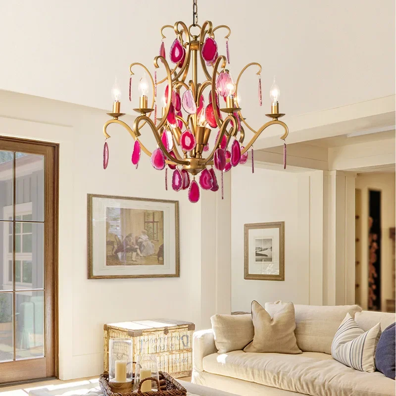

Американская простая люстра для спальни, лампа для столовой, креативная индивидуальная розово-красная Агатовая хрустальная люстра для гостиной