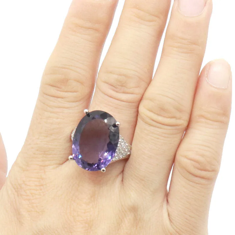 

20x15mm Big Gemstone Oval 7g Purple Spinel White CZ Females Gift Silver Rings