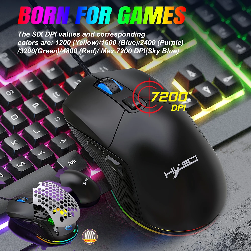 

RGB Backlit Wired Game Mouse 7200 DPI Programmable Honeycomb Hollow Out Replaceable Back Cover Gaming Mice