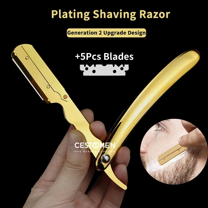 

Professional Plating Barber Razor Folding Shaving Knife Stainless Steel Beard Cut Razors Holder For Men Salon Hairdresser Tools