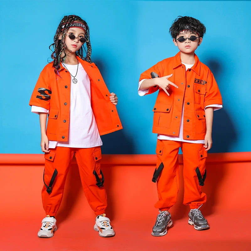 

Orange Tooling Short Sleeved Jacket Pants For Girls Jazz Costumes Boys Street Dancing Clothes Kids Hip Hop Dancewear XS4338