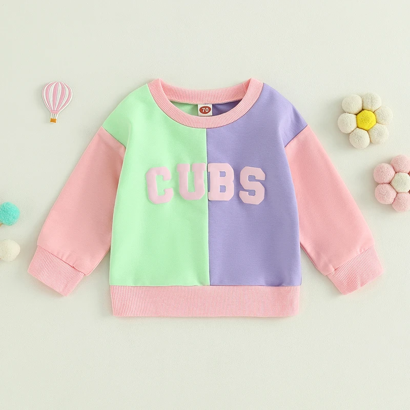 

2023-06-19 Lioraitiin 0-4Years Toddler Girls Sweatshirts CUBS Letter Print Contrast Color Crew Neck Long Sleeve Fall Tops