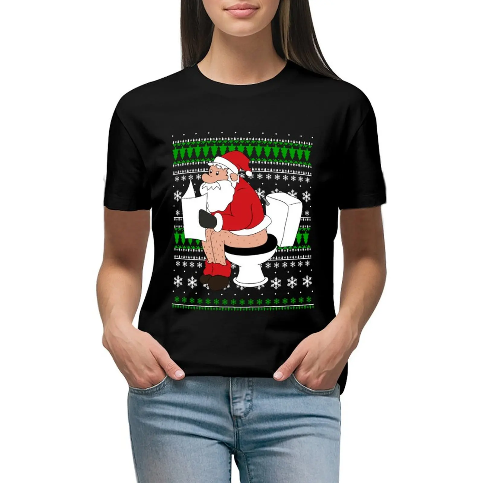 

Ugly Sweater Santa Toilet Funny Xmas Design Gift T-shirt funny plus size tops animal print shirt for girls Womens clothing