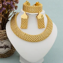 Jewelry Set for Women Chunky Necklace Earrings Dubai Gold Plated Bracelet African Fashion 3Pcs Jewelry for Punk Party Wedding