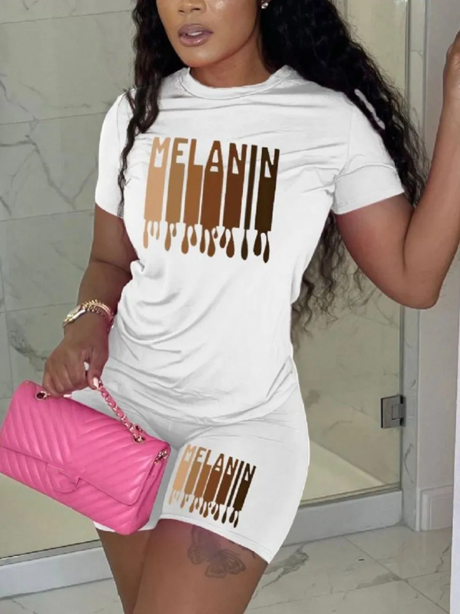 

LW Gradient Melanin Letter Print Shorts Set Crewneck Short Sleeve T-shirt&Skinny Casual Pants Women Summer 2pcs Outfits Suits