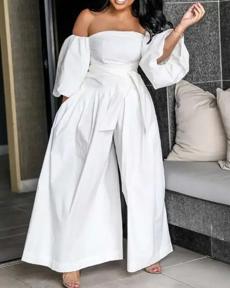 

Women Jumpsuit Summer white Off Shoulder Lantern Sleeve Wide Leg Jumpsuit Loose Wide Legs Casual Pants Romper High Streetwear