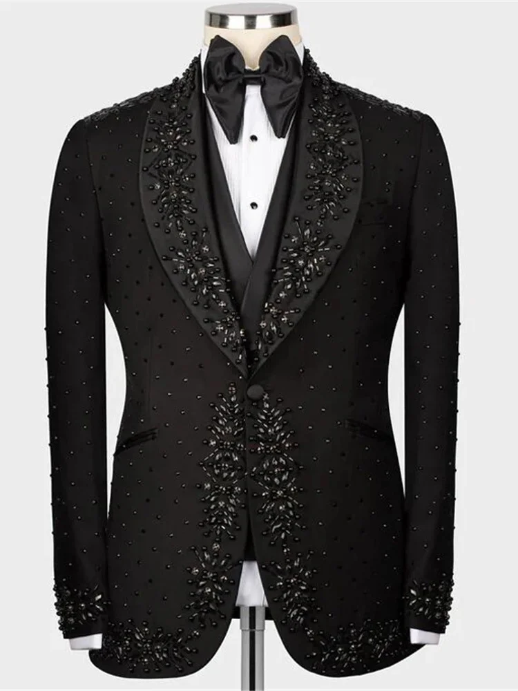 

Fashion Wedding Men Suits 3 Pieces Groom Blazer Vest Pants One Button Tuxedo Beadings Pearls Formal Diamonds Prom Suit for Party