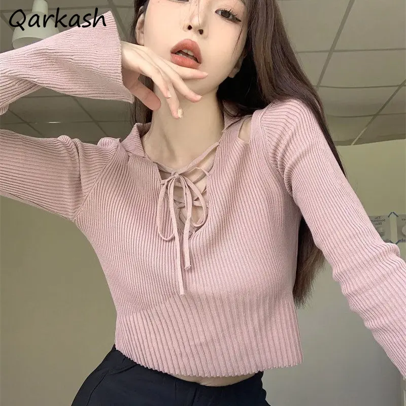 

Bandage Pullovers Women Solid V-neck Hollow Out Cropped Casual Sweaters Flare Sleeve Y2k Autumn Clothes Tender Korean Fashion