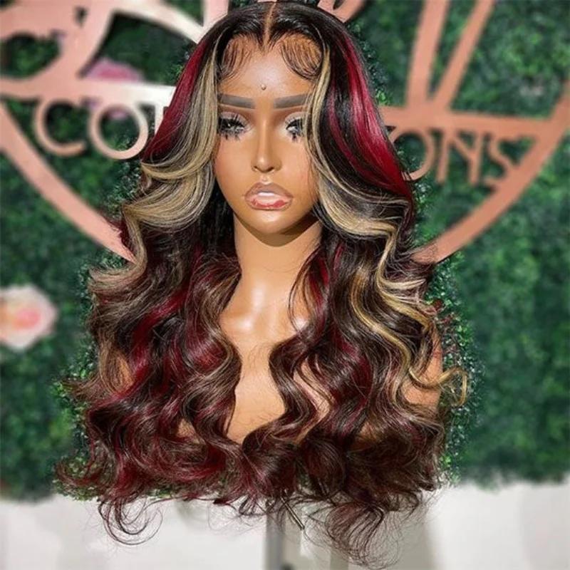 

Red Blonde With Black Wavy Highlight Wig 13X4 Synthetic Lace Front Wigs For Women Pre Plucked Hairline With Baby Hair Fiber 180%