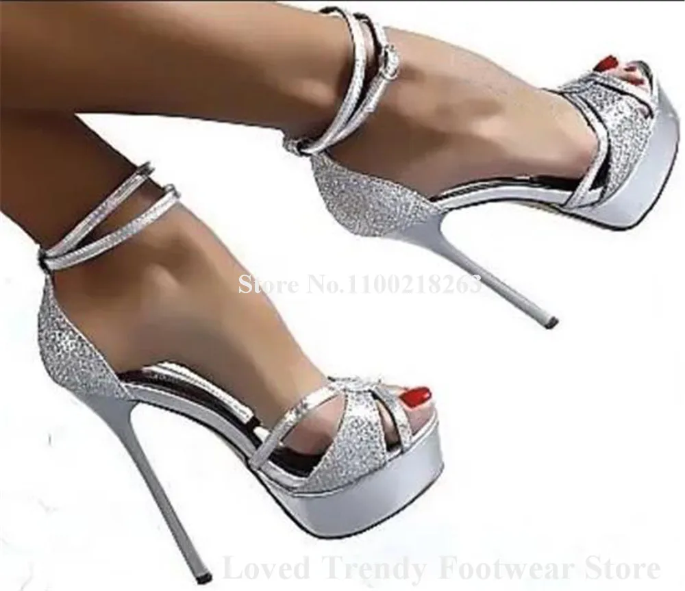 

Sexy Snakeskin Leather Stiletto Heel High Platform Sandals Peep Toe Cut-out Ankle Straps Silver Black Thin Heel Party Pumps