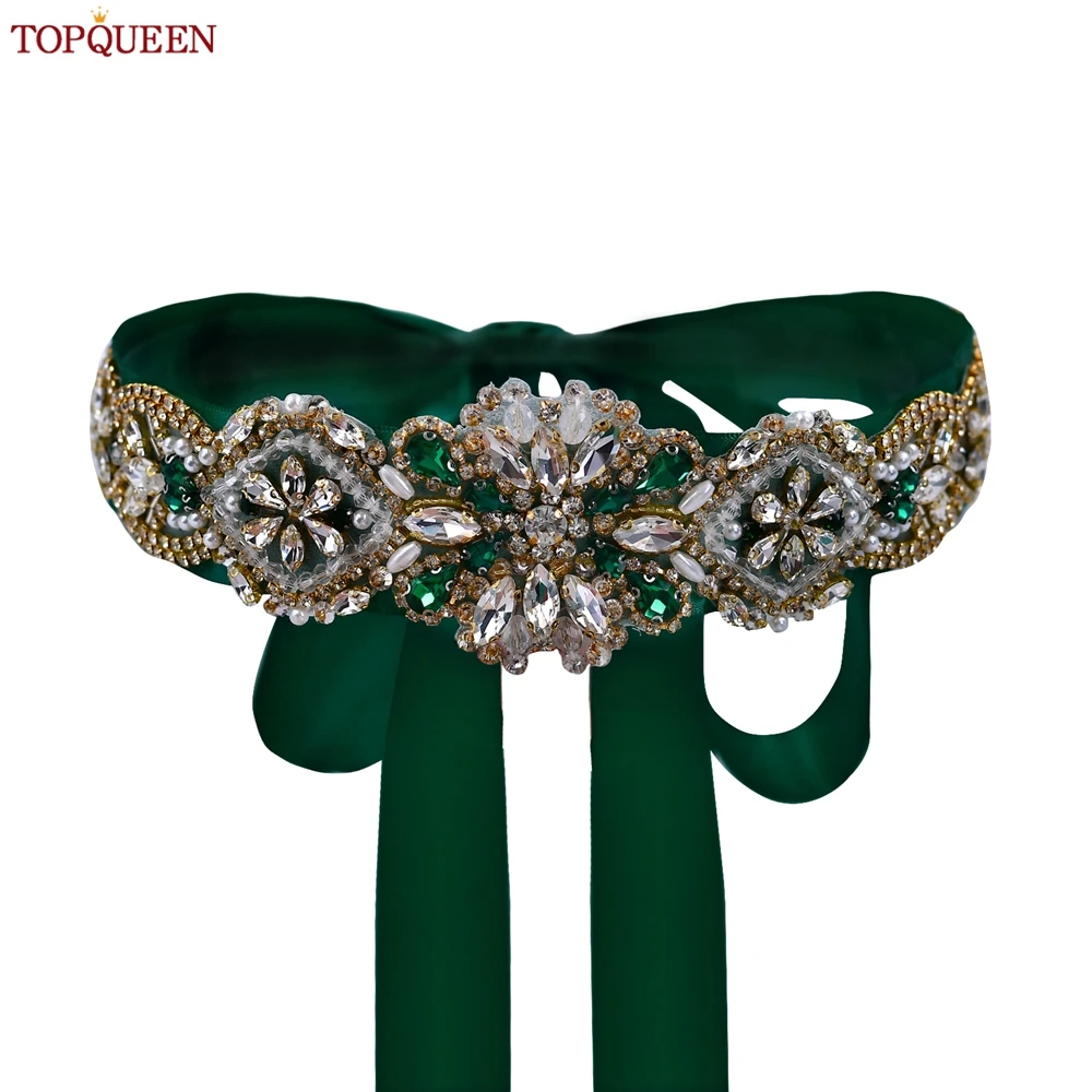 

TOPQUEEN Bridal Dress Belts Green Stones Gold Rhinestone Applique Wedding Accessories Women's Party Sash Jewel Belt S433-G