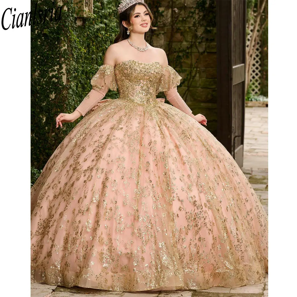 

Glitter Strapless Crystal Sequined Quinceanera Dresses Ball Gown Detachable Sleeve Bow Sweet 15 Vestidos De XV Años