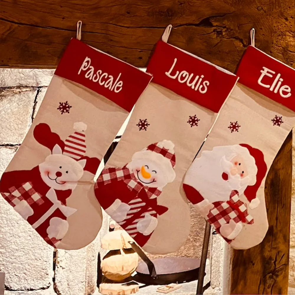 

Merry Christmas Gift Stocking Custom Name New Year Candy Bag Personalized Embroidered Happy New Year Santa Socks Kids Gift Bags