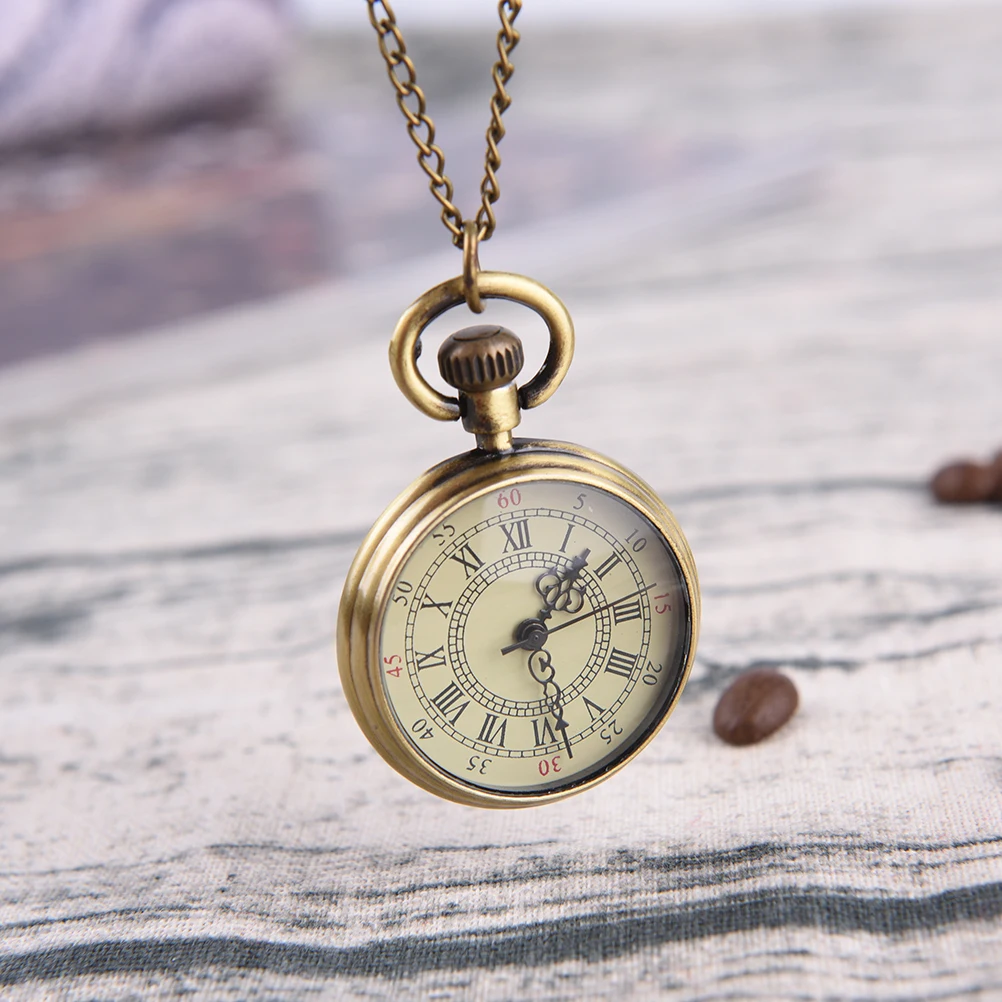 

1Set Simple Vintage Style Steampunk Beige Dial Roman Numbers Small Pocket Watch Necklace Pendant