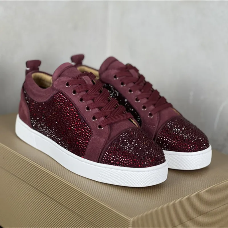 

Luxury Designer Burgundy Crystal Leather Red Bottoms Low Tops Shoes For Men's Casual Flats Loafers Women's Rhinestone Sneakers