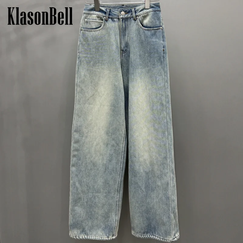 

12.22 KlasonBell Fashion New Washed Vintage Distressed Denim Loose Pants Women Clothes Fleece Keep Warm Wide Leg Jeans