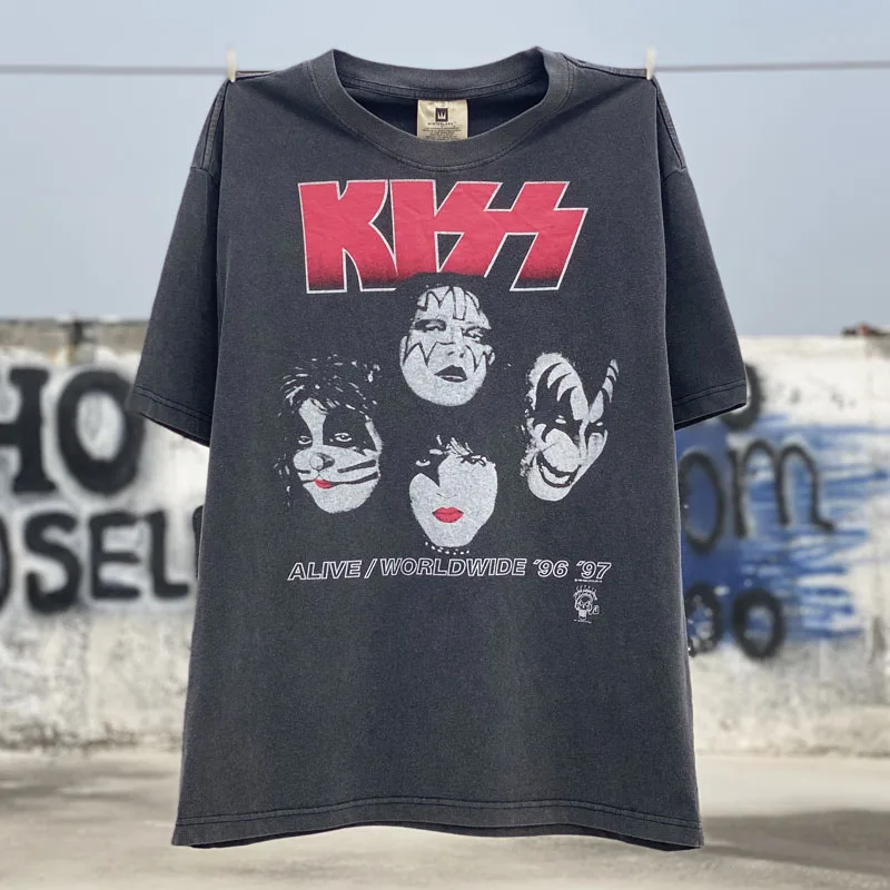 

Kiss Band T-shirt Vintage High Street Alphabet Portrait Print Washed Old Round Neck Short Sleeve Men Women Top