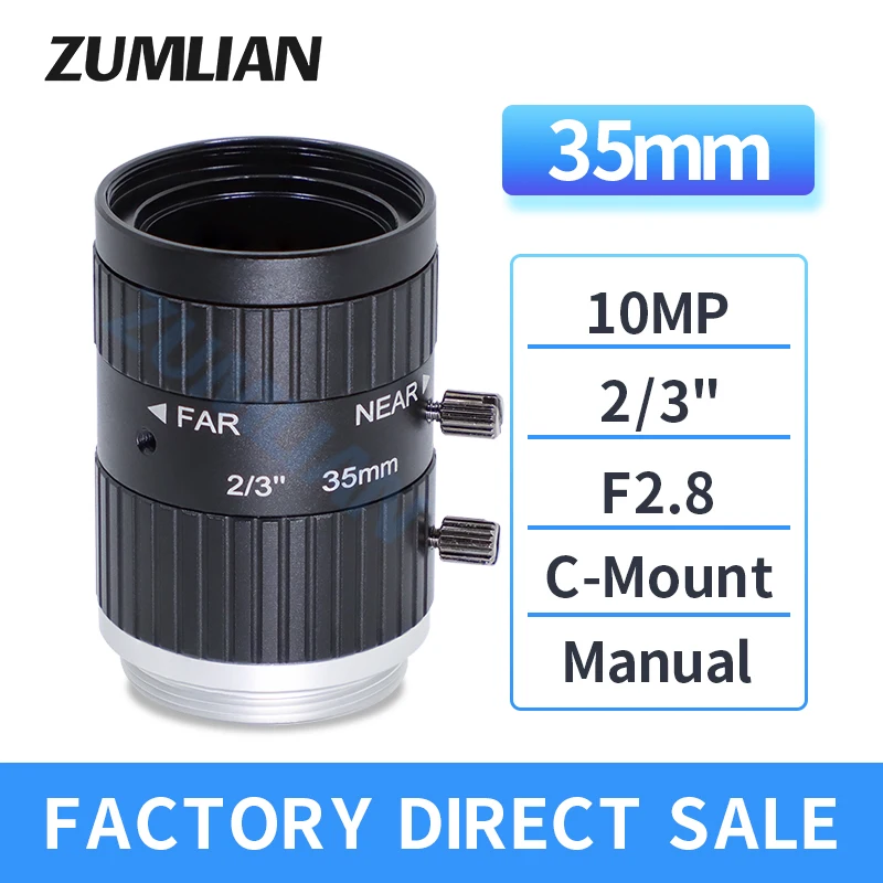 

ZUMLIAN 10MP C Mount Lens 35mm Focus 2/3 Inch HD CMOS Lens FA Manual Iris F2.8 Low Distortion CCTV Parts Lens for Basler Camera