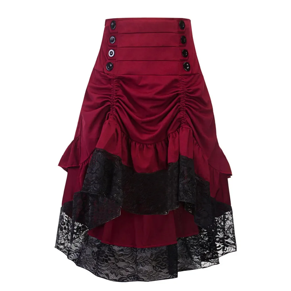 

High Low Ruffle Costumes Steampunk Cosplay Skirt Lace Gothic Women Party Lolita Red Button Front Medieval Victorian Punk Skater