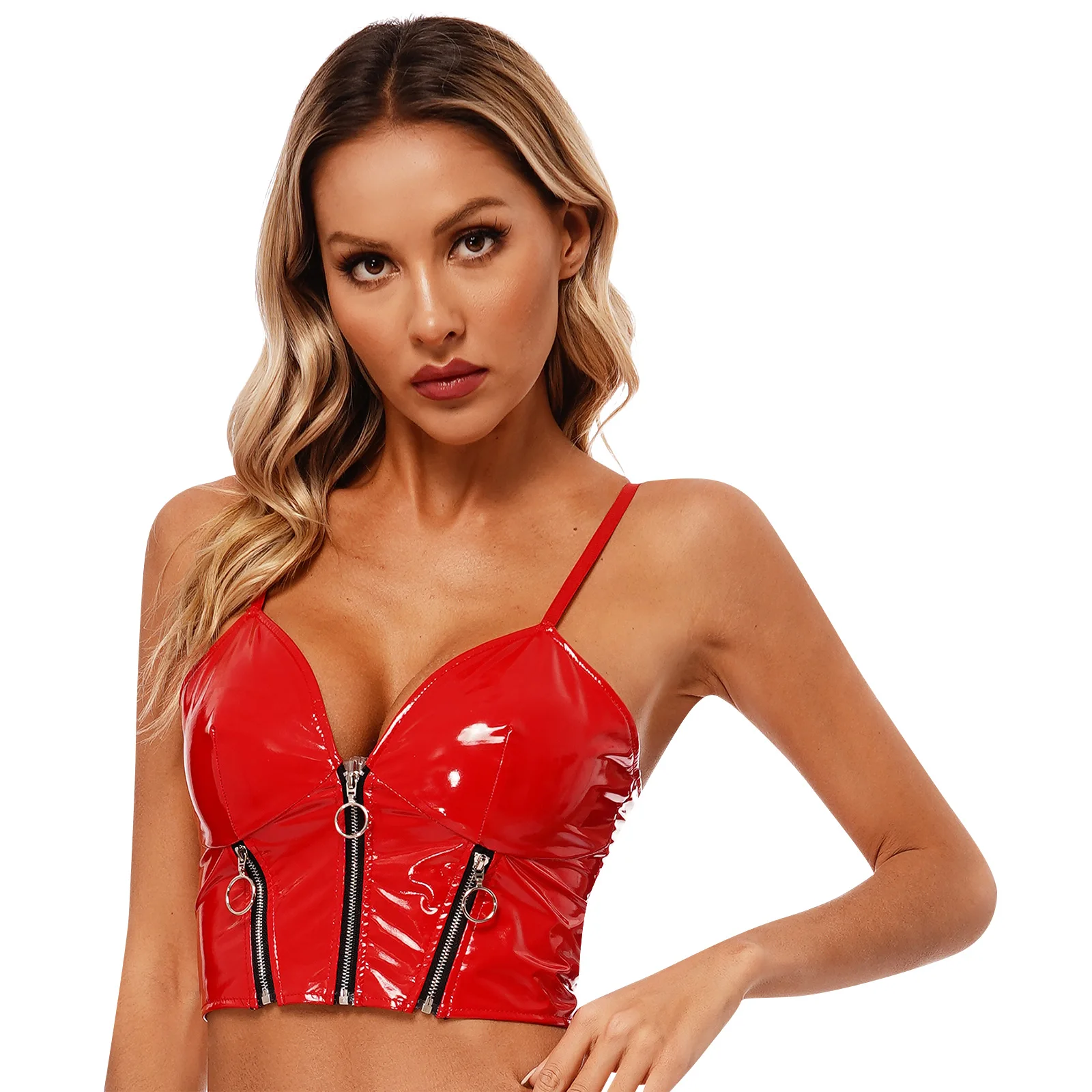 

Womens Sexy Camisole Rave Party Costume Glossy Patent Leather Crop Top Deep V Neck Front Zipper Backless Sling Vest Clubwear