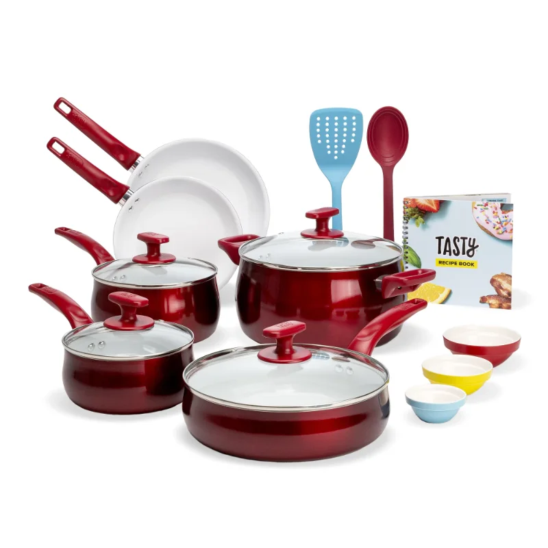 

Tasty Ceramic Titanium-Reinforced Cookware Set, Red, 16 Piece pots and pans