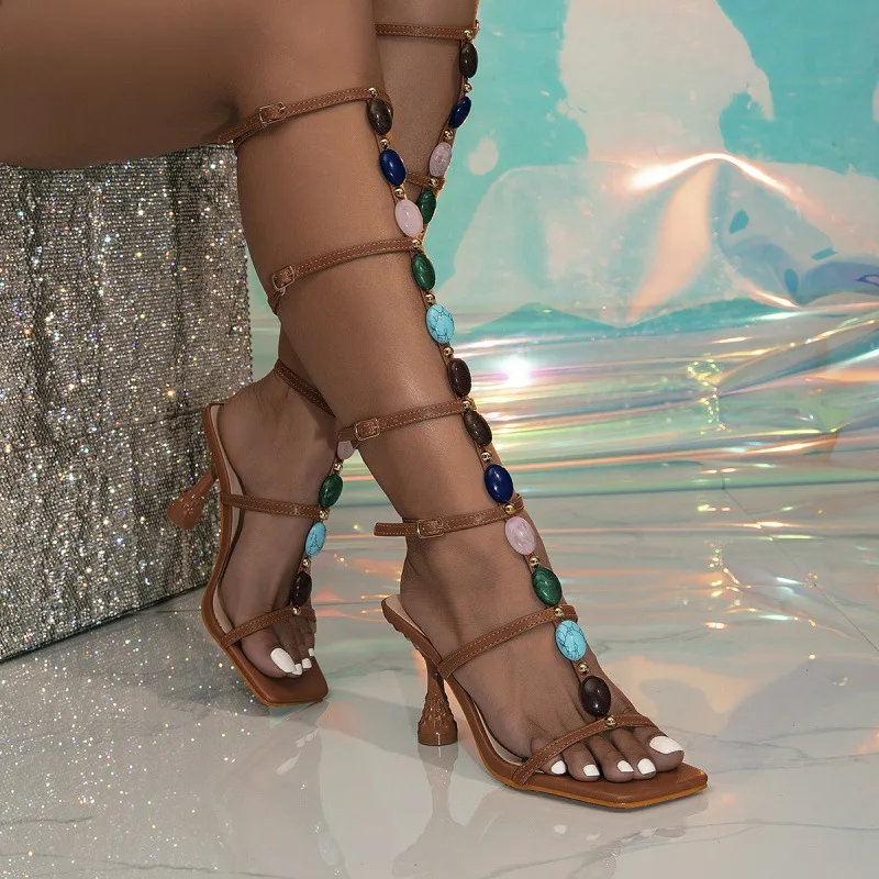 

Bohemian Style Fashion Colour Gem Strap Designer High Heels Gladiator Sandals Women Summer Open Toe Wedding Banquet Shoes