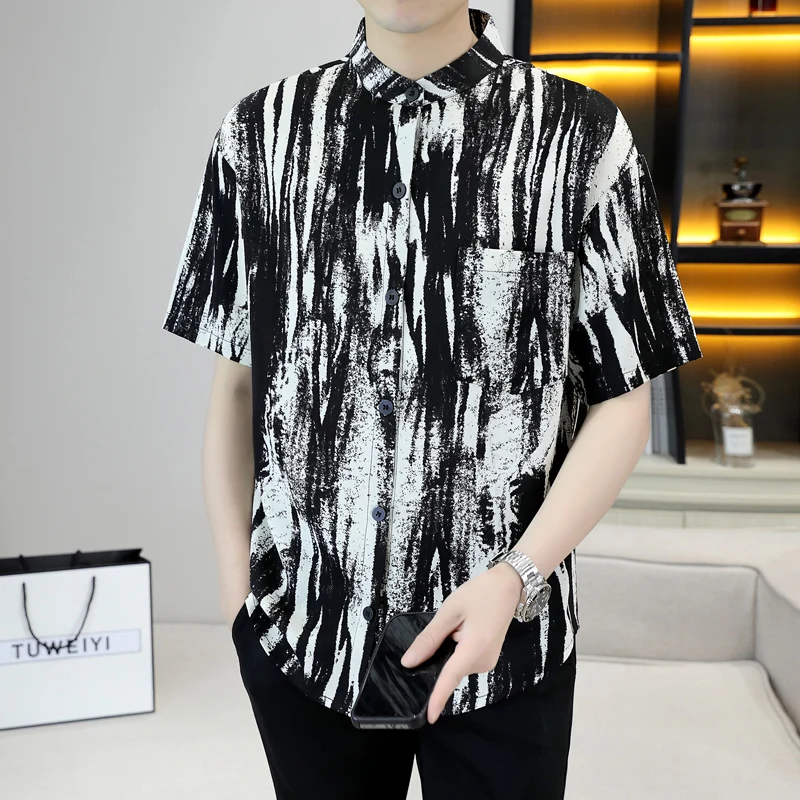 

New 2023 Men's Summer Short Sleeve Camo Printed Shirts Young Hip Hop Streetwear Top Tees Business Casual Thin Coat Male Blouses
