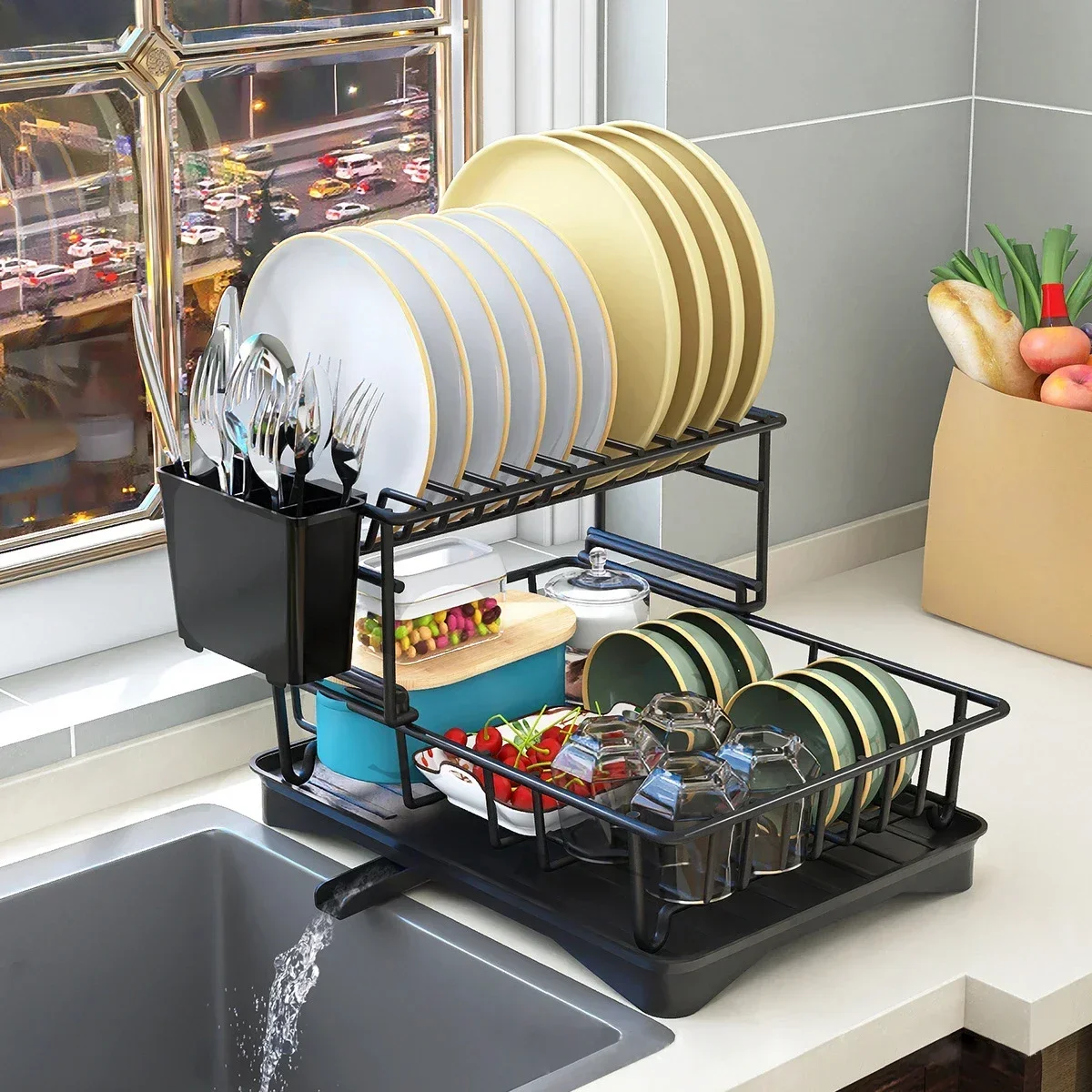 

Double-layer Metal Kitchen Dish Bowl Drying Rack with Drainboard Dish Racks With Chopstick Cage Tableware Organizer Basket