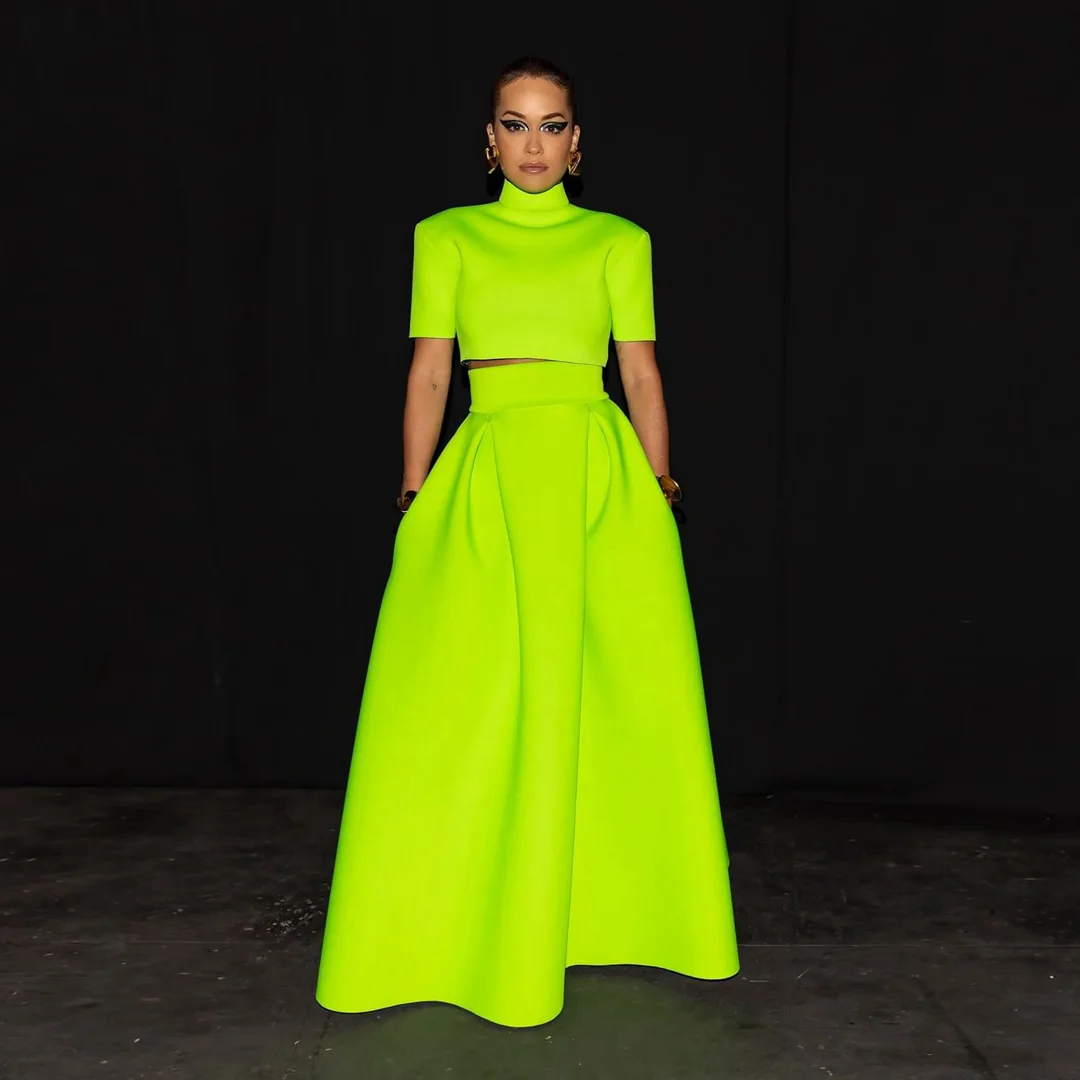 

Fluorescent Green A-line Satin Skirts With Pocket Elegant Floor Length Celebrity Skirt Neon Green High Waist Women Formal Skirts