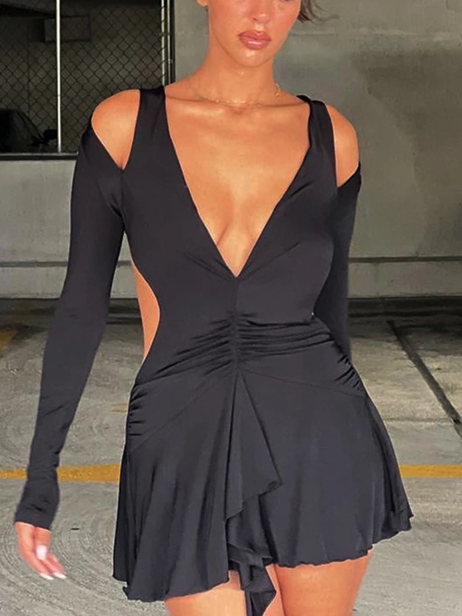 New Fashion Women Mini Dress Long Sleeve Deep V-Neck Backless Hollowed Pleated Solid Dress For Club Party S M L
New Fashion Women Mini Dress Long Sleeve Deep V-Neck Backless Hollowed Pleated Solid Dress For Club Party S M L
