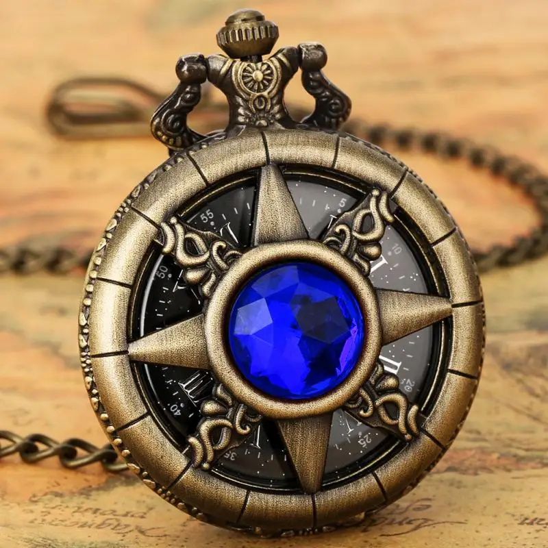 

Hollow Rudder Blue Jade Emerald Stone Steampunk Quartz Pocket Watch Chain Pendant Clock Starry Sky Antique Gifts for Men Women