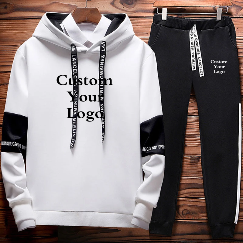 

New Men's Custom Logo Sportwear 2 Piece Set Hoodie+Drawstring Sweatpants Autumn Warm Sport Tracksuit Clothing for Male