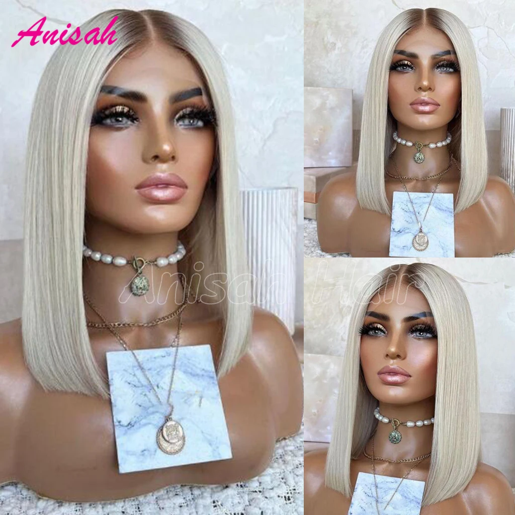 

Short Ash Blonde Lace Frontal Wig Ombre Brown Root Human Hair Wig 13x4 Straight Bob Wig Glueless Lace Front Human Hair Wigs