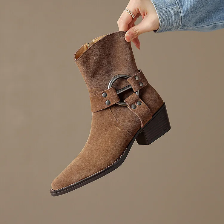 

2023New Brown Suede Women Western Boots Pointed Toe Autumn Ankle Botas Strap Buckle Square Toe Lady Riding Botines Femininos