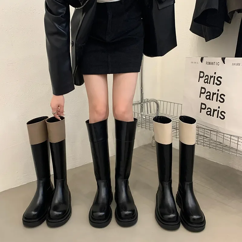 

Женские сапоги до колена, модные кожаные рыцарские сапоги на молнии высокого качества с квадратным каблуком, трендовые женские длинные сапоги, 2023