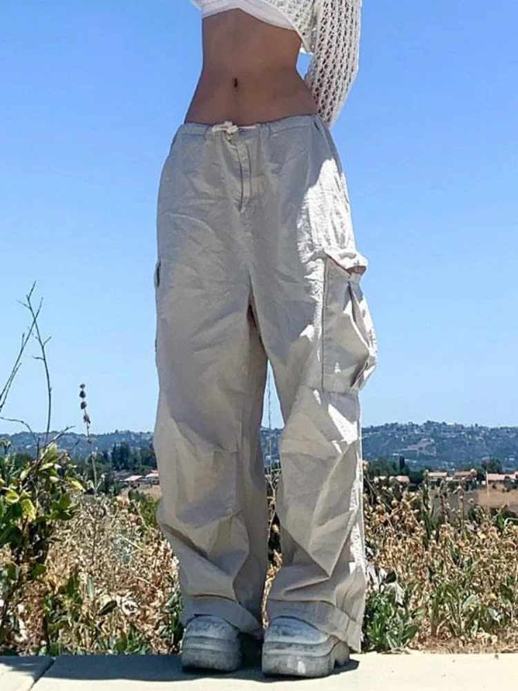 

Oversized Wide Leg Baggy Sewn Pocket Streetwear Women Low Rise Pants White Hip Hop Trousers Techwear y2k