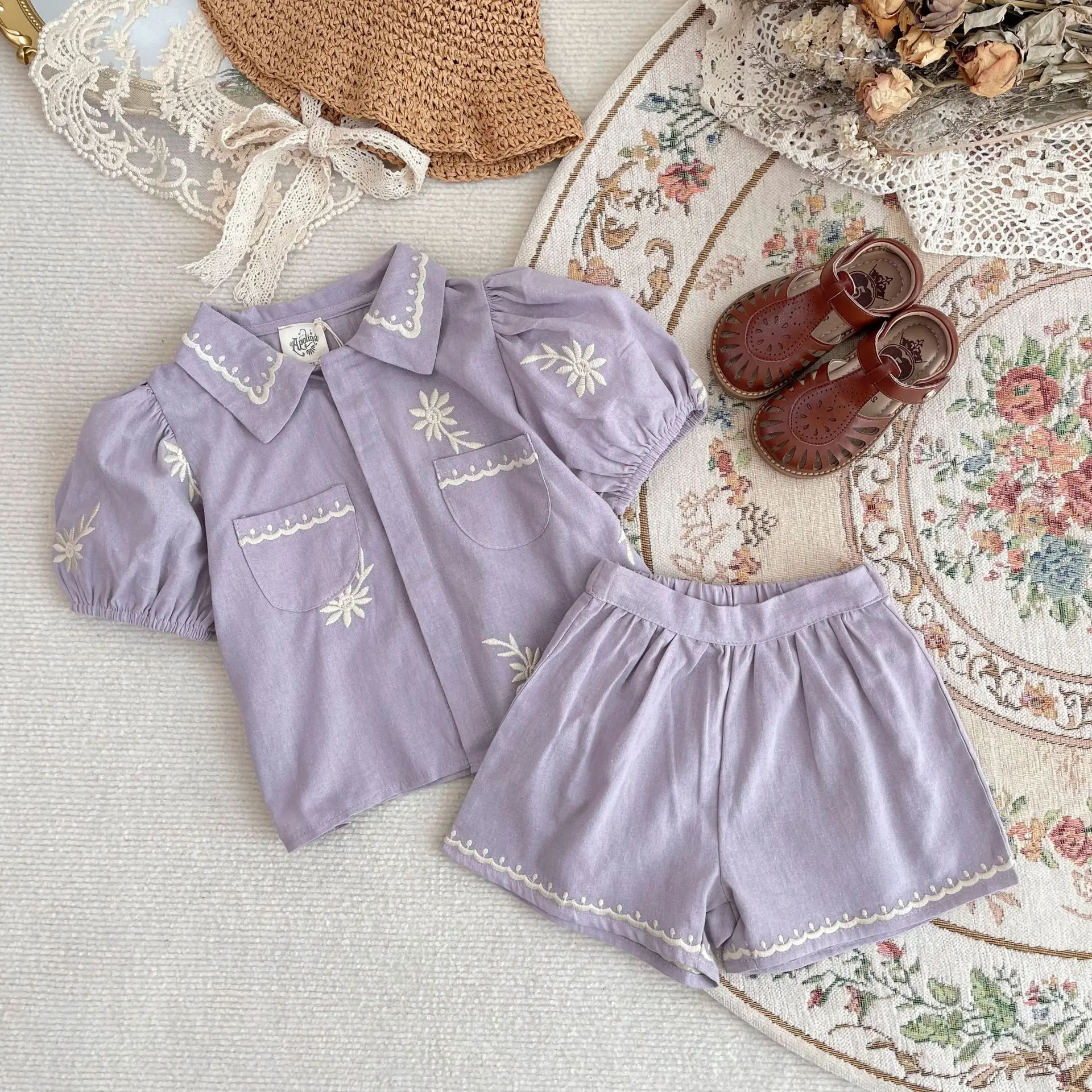 

Jenny&Dave In stock! Girls' Set 2024 Summer Collection Girls' Rural Style Embroidered Taro Purple Top+Shorts Girls