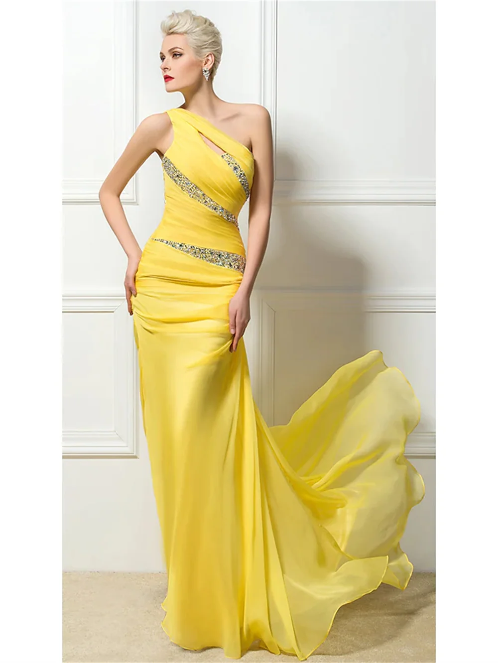 

Sheath /Column Sexy Engagement Formal Evening Dress One Shoulder Backless Sleeveless Sweep / Brush Train 30D Chiffon Ruched 2023