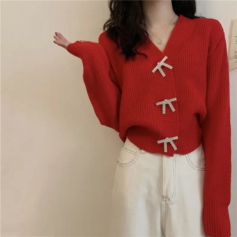 

Women Clothing Elegant Buttons Solid Color V-neck Long Sleeve Cardigan Winter Simplicity Knitting Loose Sweater Ladies Korean