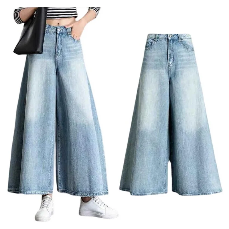 

Jean Culottes High Waist Wide Leg Pants For Women Big Hem Culottes Washed Denim Pants Women's Baggy Jeans