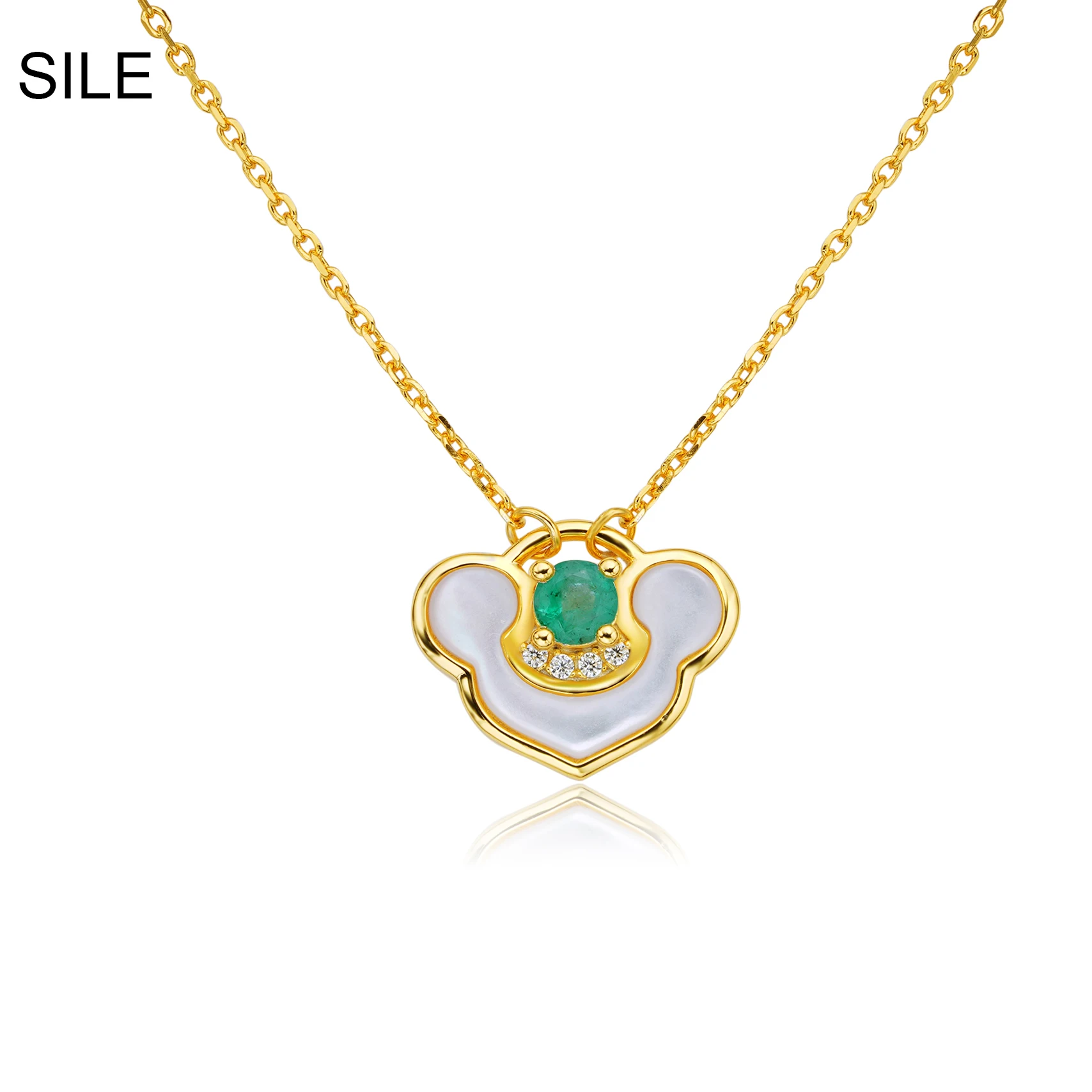 

SILE 925 Sterling Silver 18k Gold Plated Women Necklaces Luxury Natural Emerald Gemstone Heart Pendant Clavicle Chain Jewel Gift